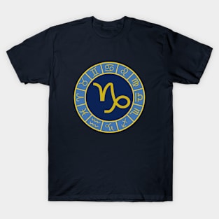 Capricorn Zodiac Wheel Astro Symbols Gold+Blues T-Shirt